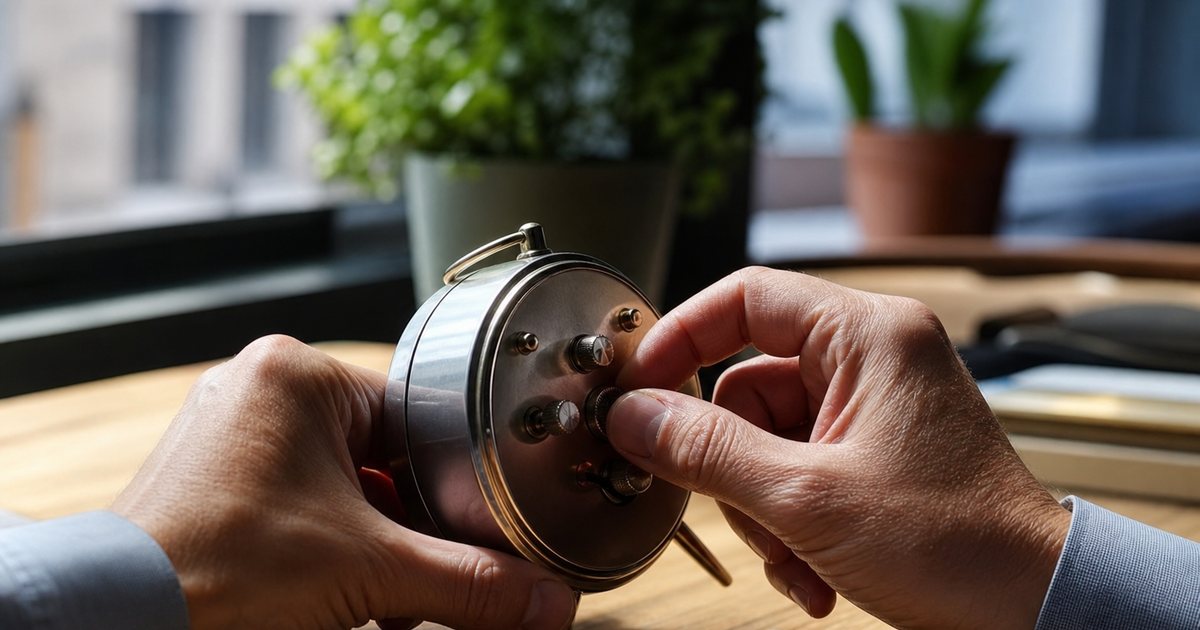 Close-up of a person's hands turning the winding knob on the back of a small round metal desk clock, sunlit wooden table, blurred office window and green plants behind, shallow depth of field