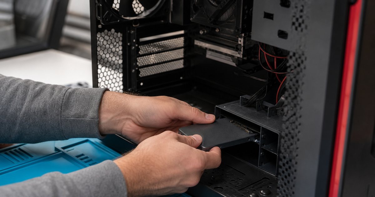 Close-up of a technician's hands replacing a solid-state drive inside an open desktop computer case on a workbench, screwdriver and antistatic mat, bright workshop lighting
