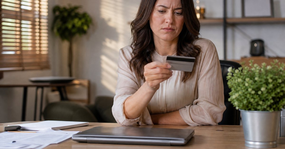 A woman in a home office frowning slightly while holding a bank card in one hand, closed laptop on the desk, late afternoon light through window blinds, a plant and loose papers