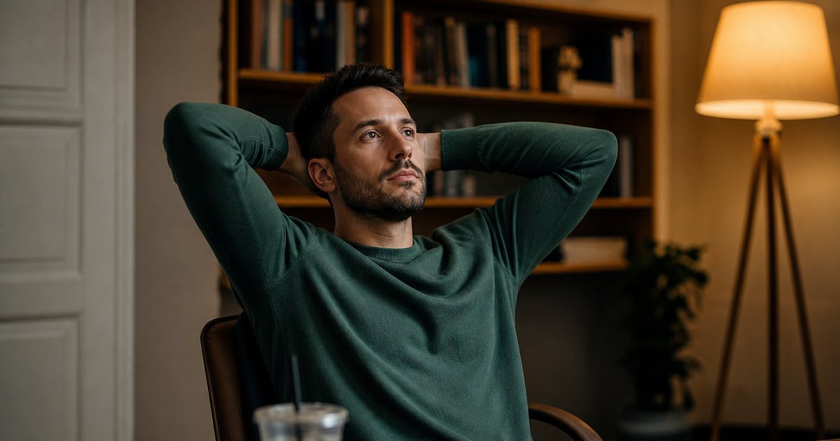 A developer in a small home office leaning back in a chair with hands behind his head, thinking, closed laptop and a cold cup of coffee on the desk, warm evening lamp light, bookshelf behind