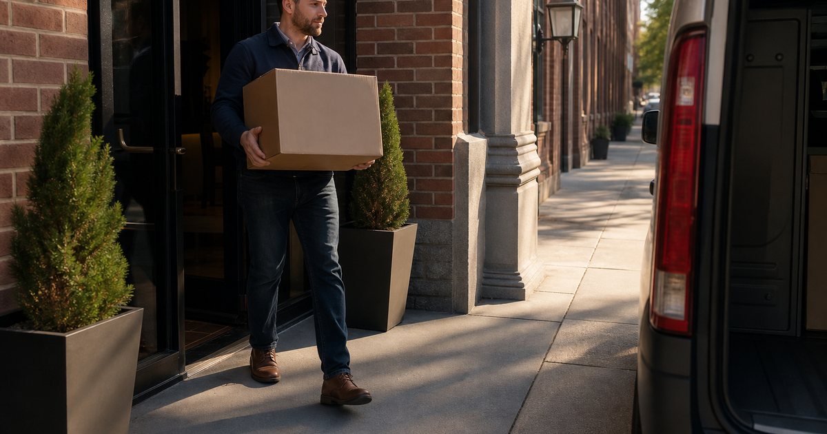A man carrying an unmarked cardboard moving box out of a brick office building toward a parked van, sunny sidewalk, potted plants beside the door, no visible text