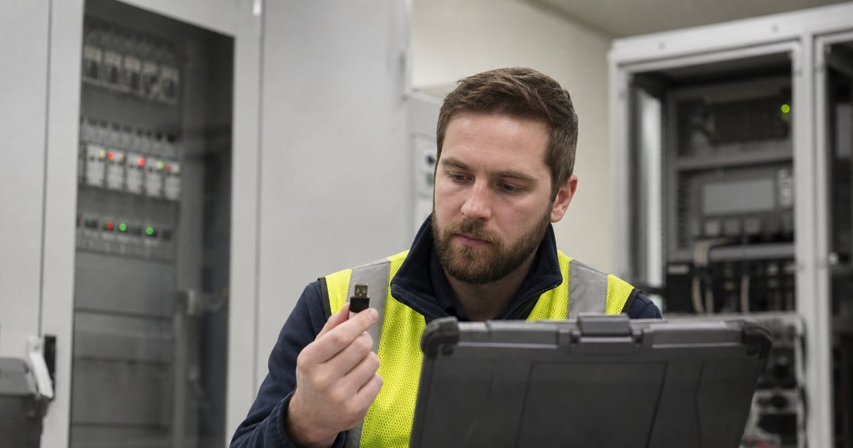 An engineer in a windowless industrial control room holding a small USB flash drive next to a closed ruggedized laptop, fluorescent lighting, gray metal cabinets, safety vest, no visible text
