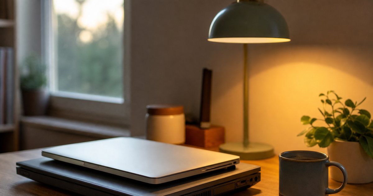 A tidy home office desk at golden hour with two closed laptops of different ages stacked beside a ceramic coffee mug, warm lamp light, wooden surface, small potted plant, soft shadows