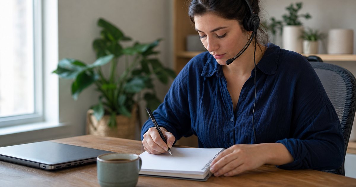 A support specialist wearing a headset at a tidy desk in a small office, writing on a paper notepad, a closed laptop and a cup of tea beside her, daylight from a large window