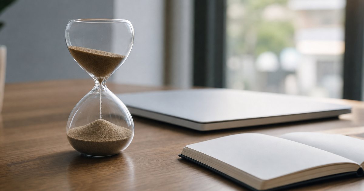 An hourglass with sand running on a wooden desk beside a closed silver laptop and an open blank notebook, soft afternoon window light, shallow depth of field